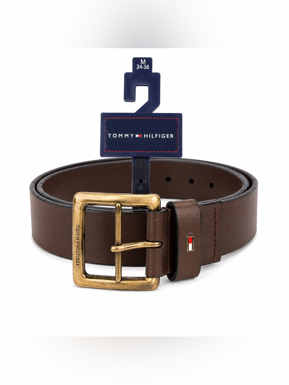 Tommy Hilfiger Brown Leather Belt Brass Buckle Size Medium 34-36 Classic Casual